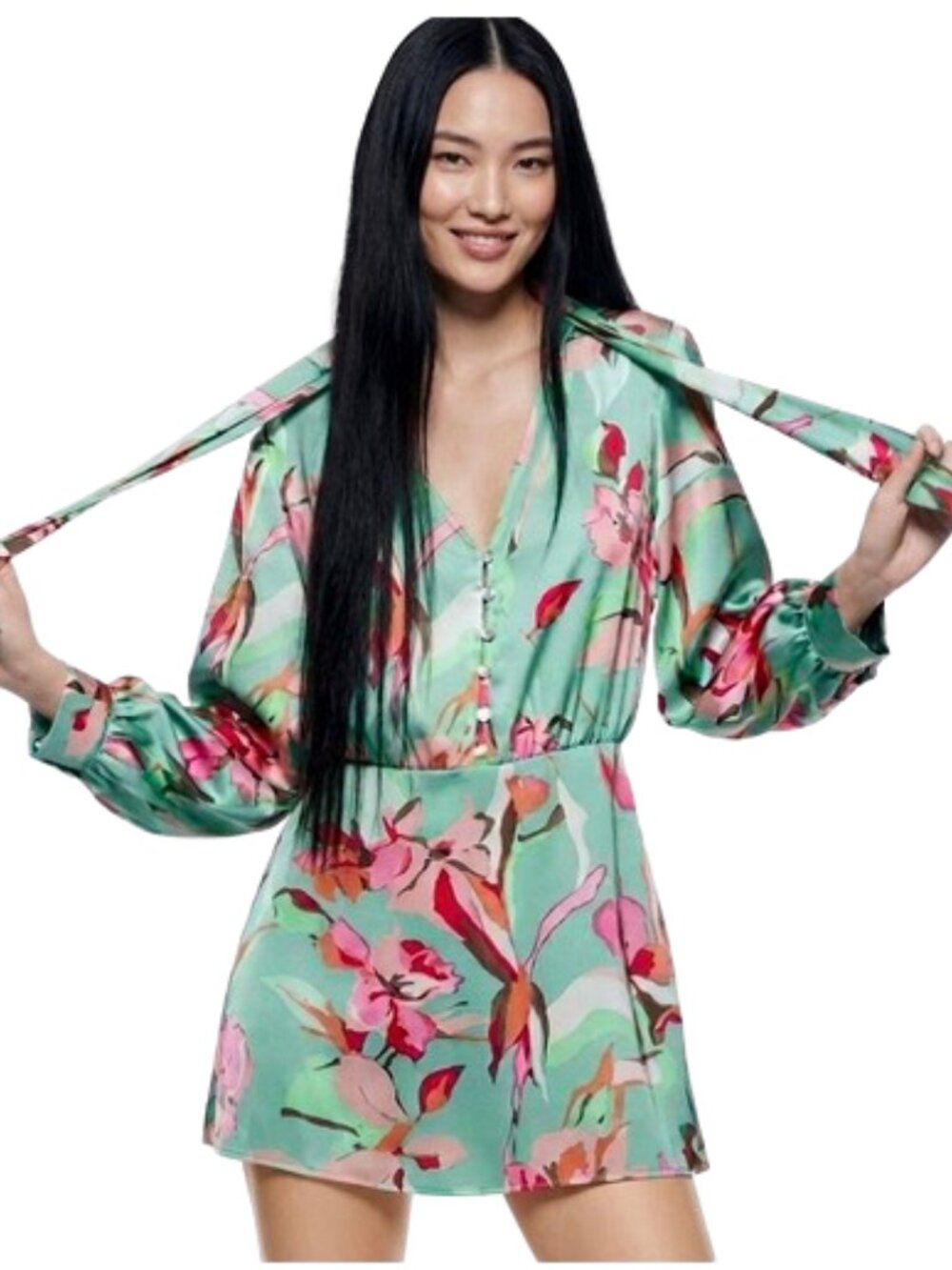 Zara Floral Print Satin Effect Mini Dress Tie Neck Long Sleeve Teal Pink, Medium
